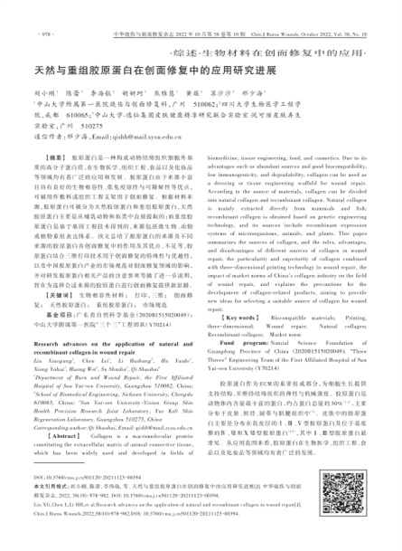 天然與重組膠原蛋白在創面修復中的應用研究進展