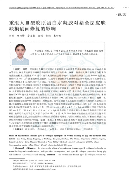 2019 動物研究，重組人Ⅲ型膠原蛋白水凝膠對豬全層皮膚缺損創面修復的影響